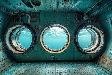 Exploring the Serene Depths of the Ocean From a Submarine Interior With Portholes Revealing Underwater Beauty