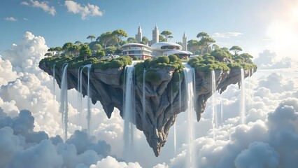 Floating island with modern buildings and waterfalls in a dreamy sky at sunrise