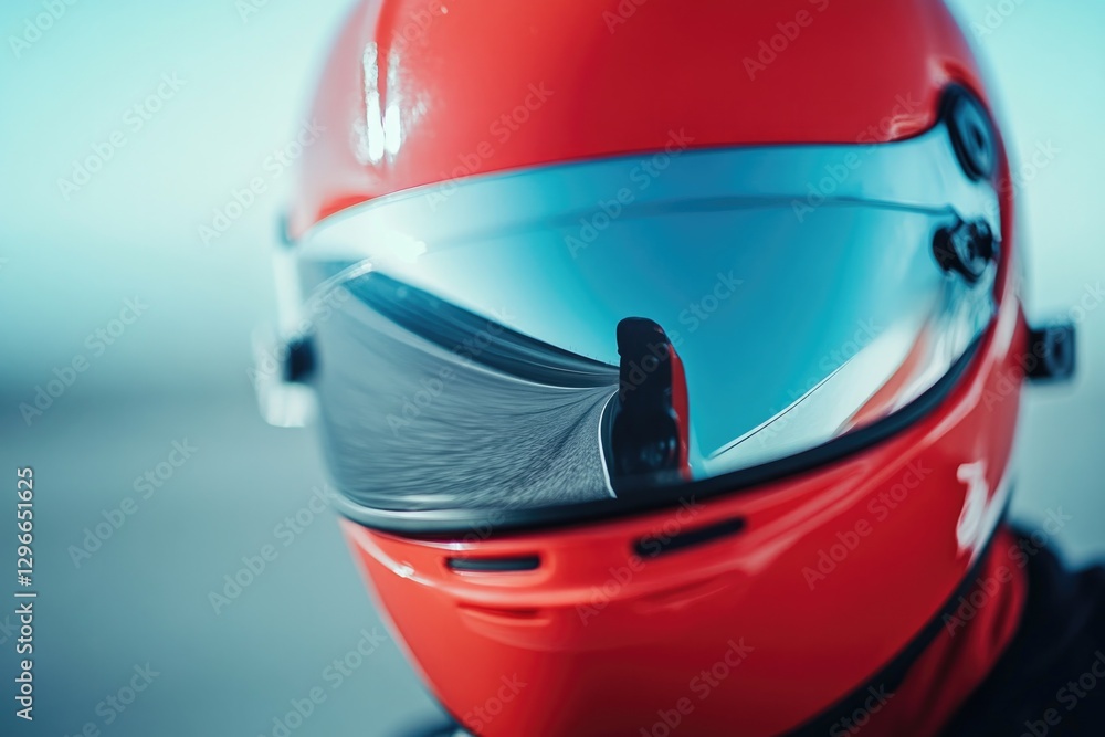Poster close-up of racing helmet with reflective visor showing distorted image of track