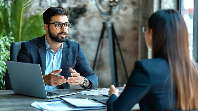 A hiring manager of Indian origin attentively assesses a job seeker in a modern corporate office. The setting is professional, with business documents and a laptop on the desk. Pro