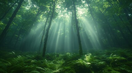 Obraz premium A misty forest with ferns and moss-covered trees, atmospheric and soft light filtering through