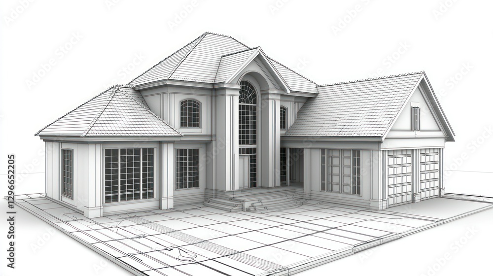 Poster a 3d blueprint-style illustration of a house showing detailed architectural elements.