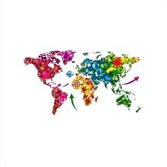 Fototapeta premium Colorful World Map Illustration Depicting Geographic Landmasses and Cultural Diversity
