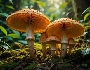 Fototapeta premium Group of Mushrooms Growing in Forest with Sunlight and Greenery