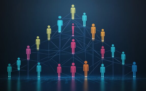 Organizational structure illustration with colorful figures, representing business departments, hierarchical flow, teams connected by lines, management and company structure