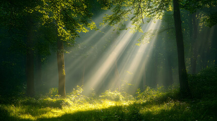 Fototapeta premium Beautiful rays of sunlight in forest