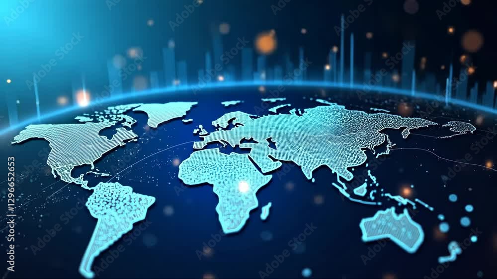 Poster blue globe with a lot of dots on it. the globe is surrounded by a lot of dots, which make it look li
