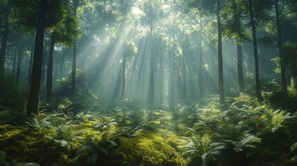 A misty forest with ferns and moss-covered trees, atmospheric and soft light filtering through