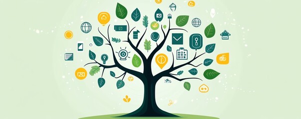 Tree illustration representing ecofriendly investment strategy, with icons for green bonds, sustainability on branches and leaves, growth of ecobusiness, environmental finance