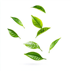 Fresh green tea leaves floating gracefully in air