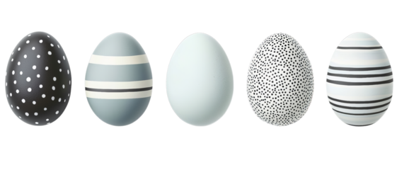 Png of Minimalist Egg Designs with Polka Dot and Stripe Patterns – Modern Artistic Egg Collection in Black, White, and Grey Shades on transparent background.