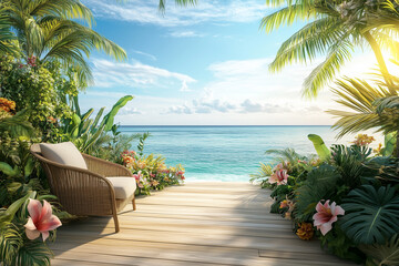 Fototapeta premium A stunning view of the ocean from an outdoor deck with lush tropical plants and palm trees, featuring a comfortable armchair overlooking the serene blue waters under clear skies