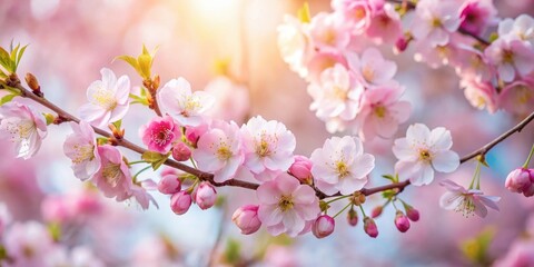 Obraz premium Delicate pink cherry blossoms adorn a beautiful spring bouquet of cherry tree branches in soft natural light, showcasing their intricate details and beauty , blossom branch, natural light