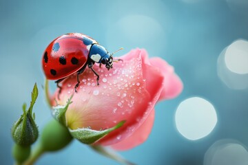 Ladybug on a soft pink rose with delicate petals in natural light