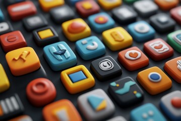 Fototapeta premium Close-up of a colorful illuminated keyboard with digital social media icons