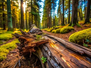 Fototapeta premium Minimalist Forest Scene: Decaying Spruce Tree Trunk on Forest Floor