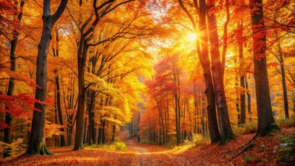 Fototapeta premium Dense forest with vibrant autumn leaves and trees in shades of orange, yellow, and red, set against a backdrop of warm golden light filtering through the canopy , warm light, yellow