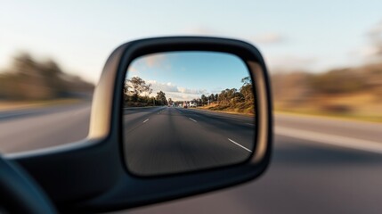 bold close-up of truck side mirror reflecting dynamic road scene surrounded by natural light and generous copy space