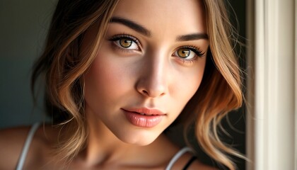 A close-up portrait of a young woman with long brown hair and hazel eyes, captured from the neck up against a white doorframe.