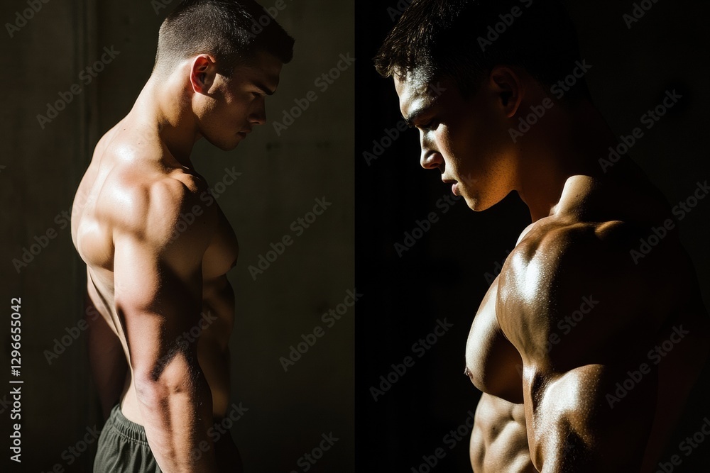 Poster muscular man showcasing strength in a dimly lit gym while focusing on his workout routine. generativ
