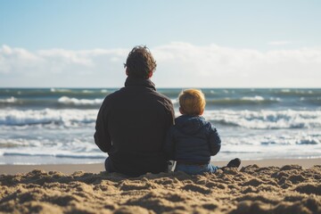 Fototapeta premium Silhouette of a father and son sitting together on a sandy beach at sunset
