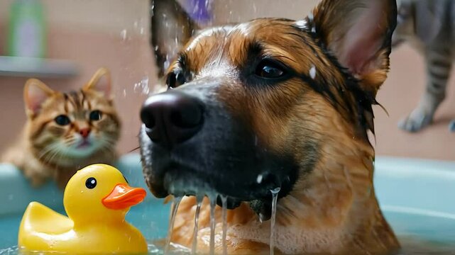 Dog and cat splashing in kiddie pool