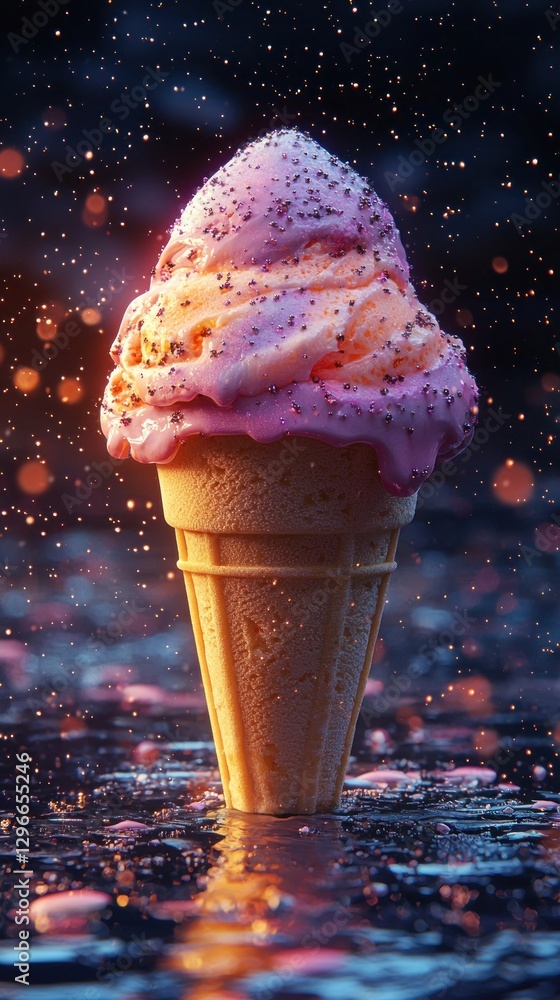 Poster ice cream cone with sprinkles on wet surface with bokeh lights