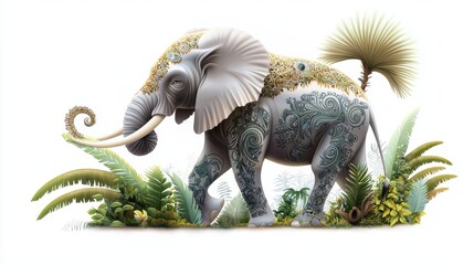 A detailed elephant with ornate patterns covering its body, standing in a jungle scene.