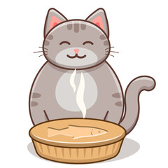 Cute smiling plump gray cat with fish pie. Vector illustration.