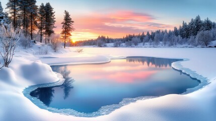 Fototapeta premium A frozen lake reflecting the soft pink and blue hues of a winter sunset, surrounded by snow-covered trees.