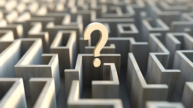 Golden question mark stands tall amidst a complex wooden maze