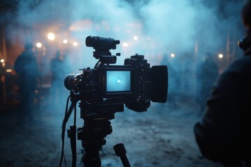 Fototapeta premium Professional video camera set up in a cinematic environment with blue fog