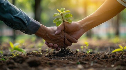 Two hands planting a young tree in the soil, symbolizing growth and environmental care.