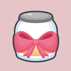glass jar with pink bow in outline flat vector design