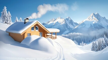 A mountain cabin with snow piled up on its roof, chimney smoke rising into the crisp winter air.