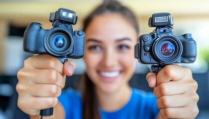 Woman filming vlog indoors, dual cameras