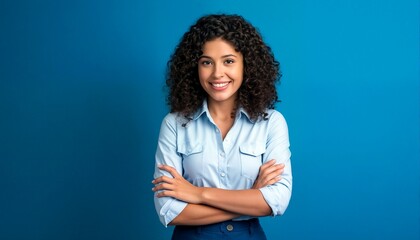 Obraz premium A young woman with curly hair and a light blue shirt is smiling at the camera.