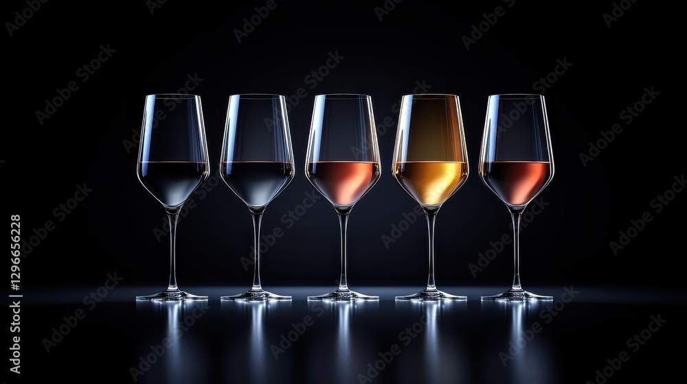 Poster a sleek and modern shot of four wine glasses aligned in a row, focusing on the transparency and colo