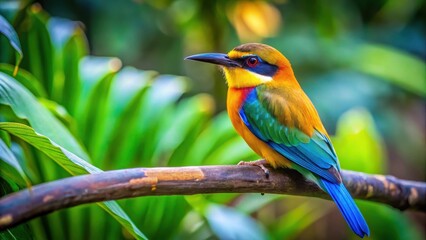 Obraz premium Colorful bird species with vibrant blue and yellow plumage perched on a sturdy branch in a lush tropical environment, wildlife, birds perched