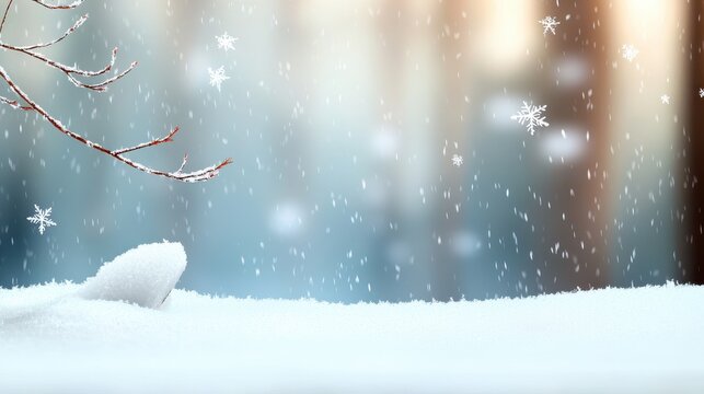 A slow-motion capture of snow falling in a quiet forest, soft flakes blanketing the ground and tree branches.