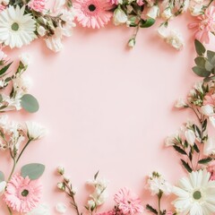 Pink background decorated with flowers for Mother's Day. Feminine flatley. Banner Romantic floral frame for Mother's Day. International Women's Day