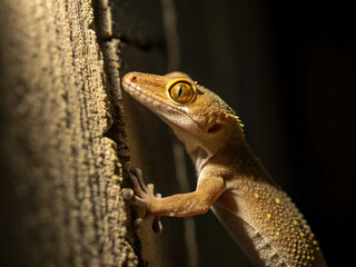 Obraz premium A gecko clinging to a wall, its skin adapting to the darkness while its golden eyes shine