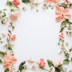 Fototapeta premium Pink background decorated with flowers for Mother's Day. Feminine flatley. Banner Romantic floral frame for Mother's Day. International Women's Day