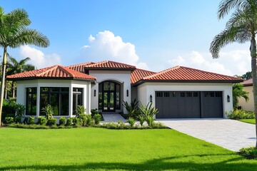 Luxurious Mediterranean-Style Home with Red Tile Roof and Palm Trees