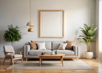Fototapeta premium Minimalist Living Room Interior Design: Empty Frame on White Wall