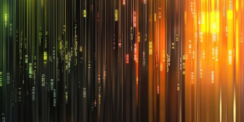 Abstract digital matrix with cascading glowing code, vibrant futuristic overlays, and AI technology aesthetics.