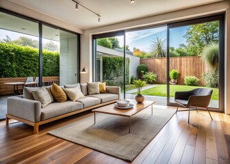 Fototapeta premium Minimalist Living Room, Glass Wall, Indoor Outdoor Patio, Neutral Sofa, Wooden Coffee Table