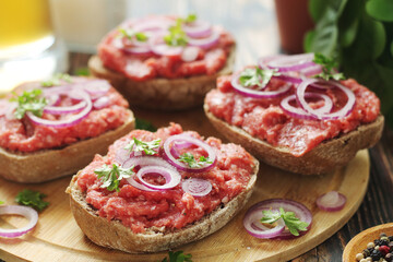 Traditional German sandwiches with minced meat Mettbroetchen	