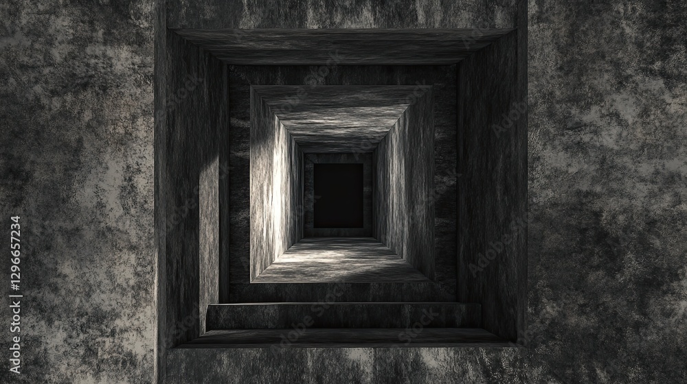 Poster a dark, abstract architectural perspective of a geometric tunnel or infinite staircase, creating a s
