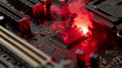 Close-up of a computer motherboard with a glowing red CPU and smoke rising from the chip, symbolizing hardware failure and technology malfunction. Concept of computer repair, IT troubleshooting, and e